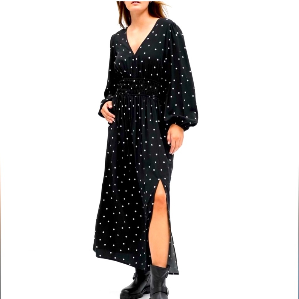NWT GAP Polka Dot Smocked V-Neck Maxi Dress | Slit | Black